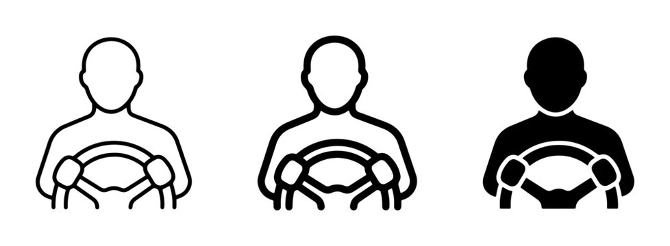 Driver Icons Set, Person Driving Car Steering Wheel, Transportation Symbols