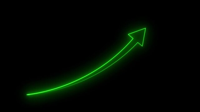 Glowing green neon arrow indicating upward trend on a black background 4k video