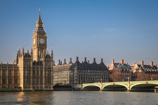 Big Ben and Houses of Parliament with Westminster Bridge over River Thames, London UK Landmark Travel Destination