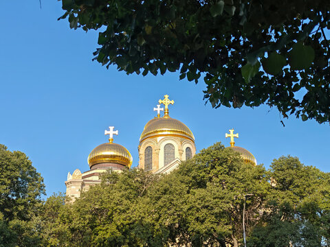 Golden Domes of Orthodox Cathedral. Stunning Religious Architecture and Travel Landmark. Cathedral of the Assumption in Varna. Varna is the sea capital of Bulgaria.
