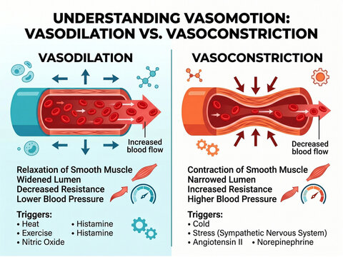Vasomotion infographic compares vasodilation and vasoconstriction mechanisms to explain how smooth muscle activity regulates blood vessel diameter and systemic pressure for medical students.
