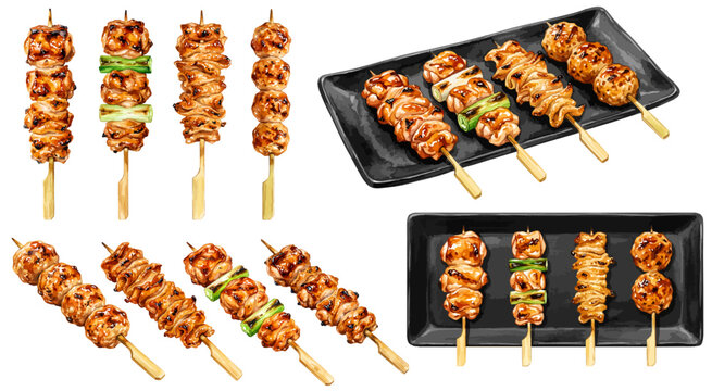 焼き鳥のイラストセット,水彩風のやきとり4種盛り合わせ,居酒屋メニューや炭火焼き鳥のおつまみ素材集,手描きベクター