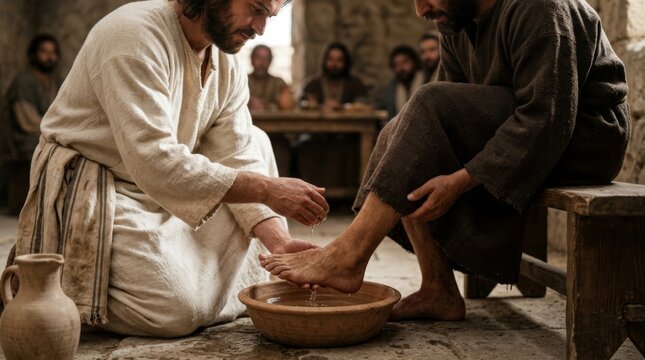 Jesus washing the feet of his disciple, Peter, in a biblical scene depicting humility and servitude