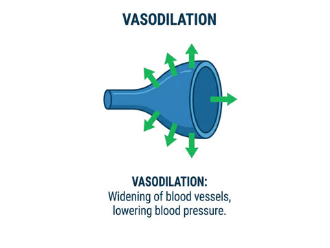 Vasodilation illustration displays the widening of a blood vessel which helps in effectively lowering systemic blood pressure within the human cardiovascular system for medical educational purposes.