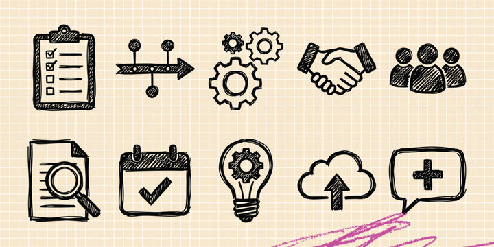 Black ink scribble doodle vector vintage hand drawn set of teamwork corporate network people group connection business and organization management