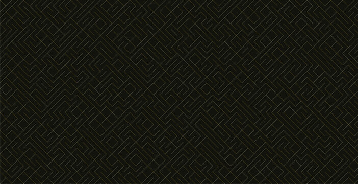 Dark abstract background with golden maze pattern of geometric lines.