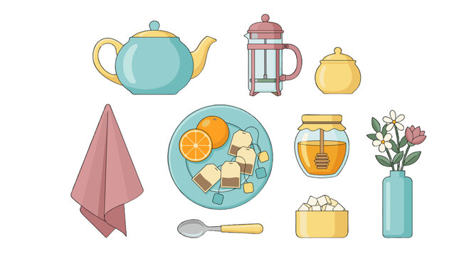 Tea time vector set with teapot cup honey flowers and sugar