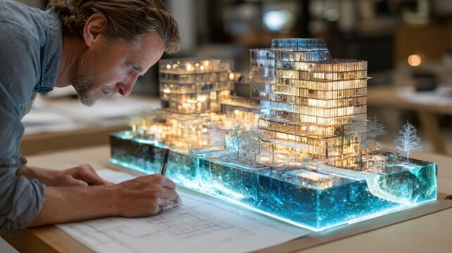 Professional architect adjusting a translucent biolayer veil on a model of a smart tax-free trade zone representing the engineering of flexible economic borders and automated customs processing tech