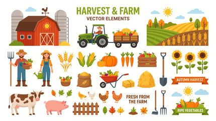 Fototapeta premium Harvest and Farm Agriculture Icons Collection Isolated on White Background