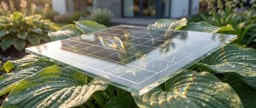 Transparent solar panel resting on dewy green leaves in a sunny garden, showcasing sustainable energy technology.