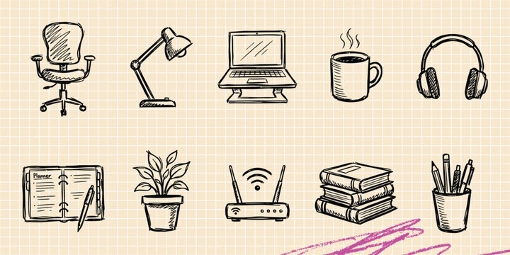 Black ink scribble doodle vector vintage hand drawn set of desktop computer monitor workplace screen display pc technology electronic and office hardware