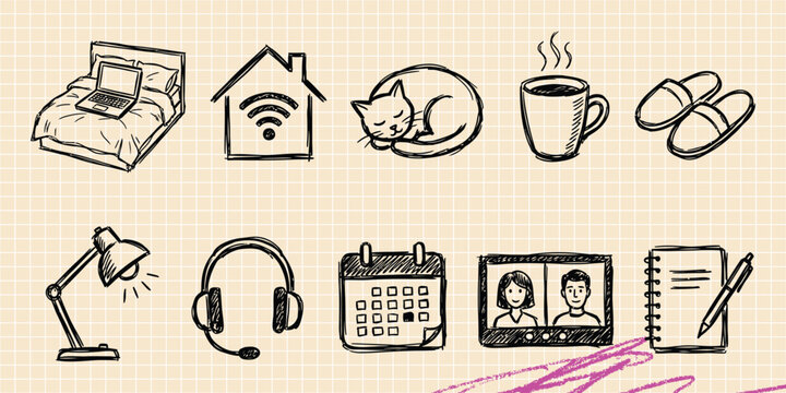 Black ink scribble doodle vector vintage hand drawn set of technology digital internet communication network smart device application and system web setup