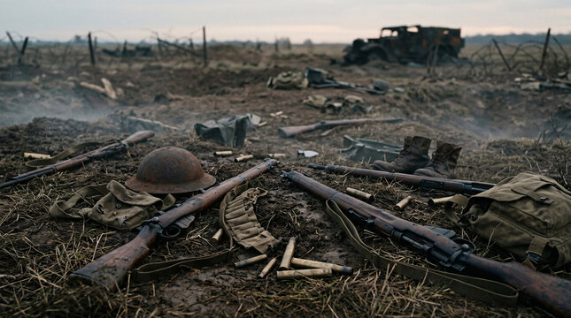 Abandoned battlefield with scattered weapons and debris in foggy war-torn landscape