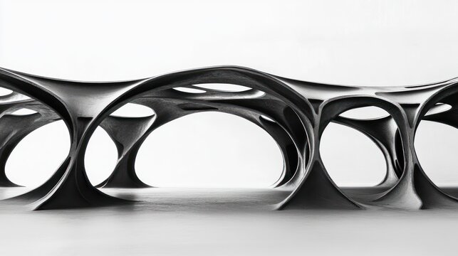 Abstract black porous, flowing structure resting on light gray surface against white backdrop