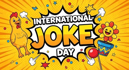 Fototapeta premium International joke day celebration graphic with cartoon chicken and flower