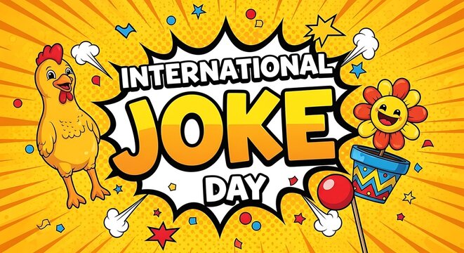 International joke day celebration graphic with cartoon chicken and flower