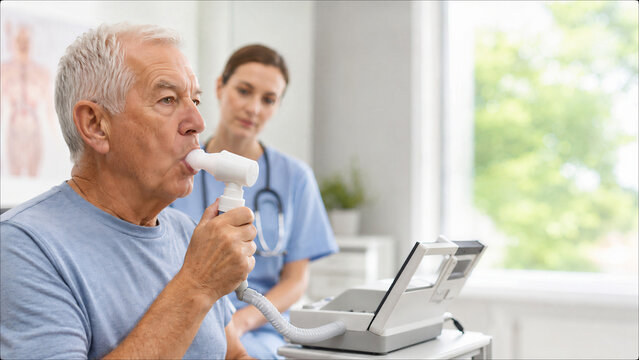 Senior Caucasian man performing a spirometry examination with a nurse. Pulmonary function and airflow testing in a medical clinic. Copy space for text