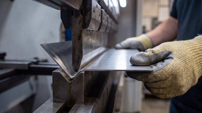 Close-up of an industrial CNC press brake machine precision bending a stainless steel sheet with worker hands in safety gloves