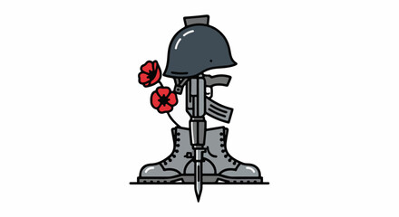 Fototapeta premium A memorial display featuring a helmet, rifle, and poppies