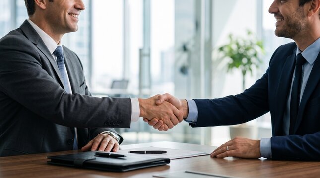 Two businessmen shaking hands across a wooden office desk