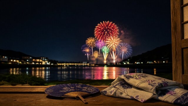 yukata. Folded fan and yukata sleeve on doorstep with fireworks over Sumida River, Tokyo summer celebration. event programs, museum guides, designed for cultural heritage projects and event programs.