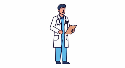 Fototapeta premium Stylized illustration of a smiling male doctor in a white coat, holding a clipboard