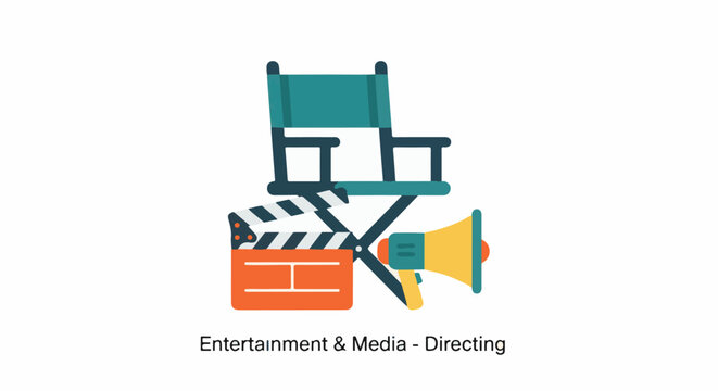 A director's chair, clapperboard, and megaphone symbolize filmmaking and creative direction