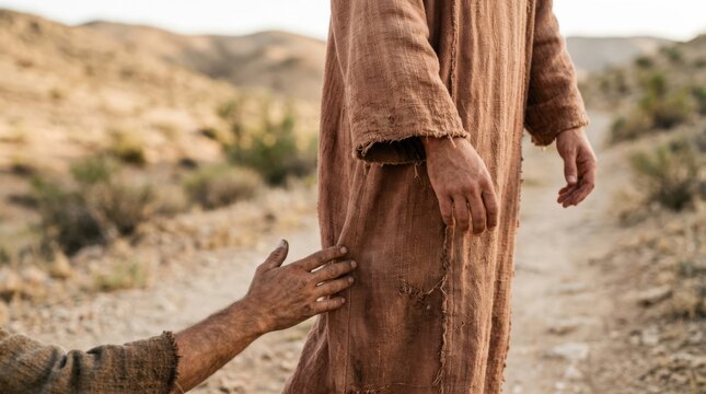 A man in desert robes, reaching out to touch the hem of Jesus garment on a dusty path in the biblical era.