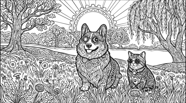 Intricate Steampunk Dog and Cat Sunglasses Coloring Page featuring a Corgi and Zen Patterns in a Whimsical Nature Landscape with Zentangle Art
