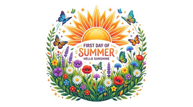 First Day of Summer greeting card, vibrant sun and wildflower meadow illustration, colorful butterflies and floral wreath with Hello Sunshine text