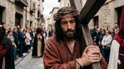 Obraz premium Man portraying Jesus Christ carrying a heavy cross during a religious procession in a historic street