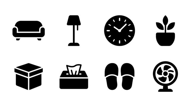 Set of simple black home interior and living room icons.