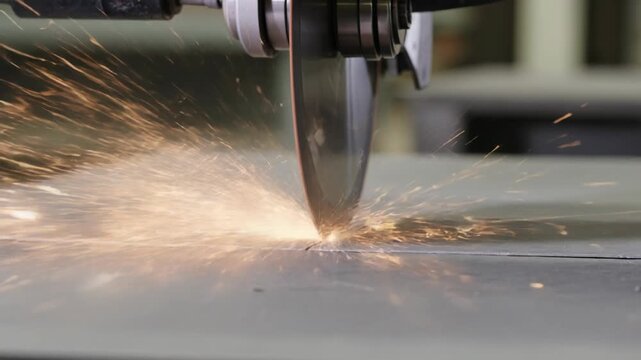 Grinding wheel cutting into metal surface, creating sparks and dust