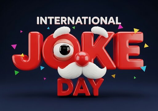 International joke day 3d illustration with funny face and confetti