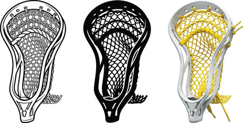 Set of lacrosse stick heads in various styles including outline silhouette and color vector illustrations perfect for sports design and equipment concepts © Ahmad