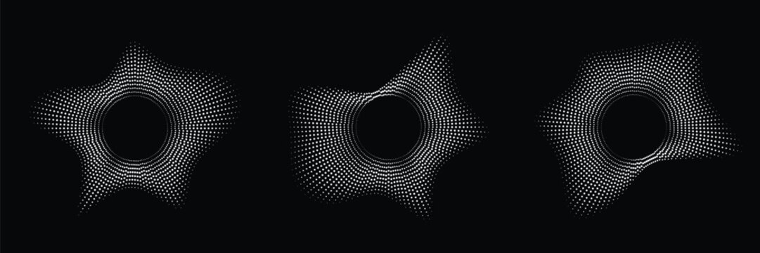 Abstract star shapes composed of white dots on black background