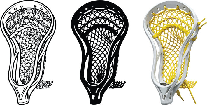 Set of lacrosse stick heads in various styles including outline silhouette and color vector illustrations perfect for sports design and equipment concepts