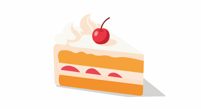 A slice of layered cake with cream, fruit filling, and a cherry on top, cast