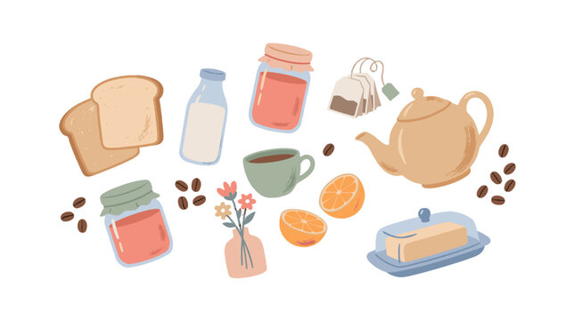 Breakfast food and tea set in soft hand drawn vector style