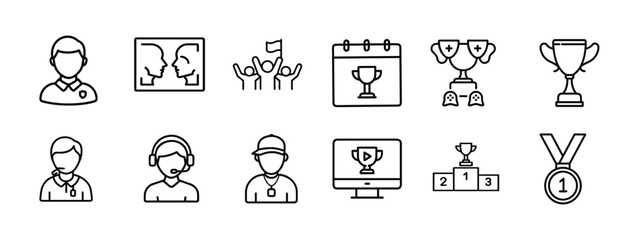 sport tournament team championship web line icons set gamer player coach referee instructor trophy medal winner podium award ceremony & more with editable stroke © Purnima