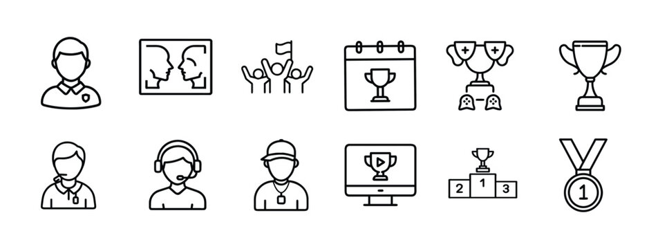 sport tournament team championship web line icons set gamer player coach referee instructor trophy medal winner podium award ceremony & more with editable stroke