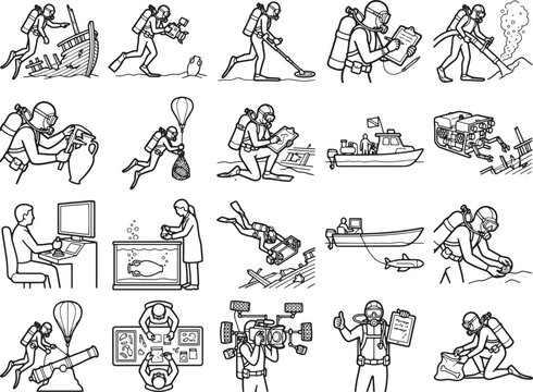 Collection of vector illustrations depicting divers engaged in various activities, including exploration, scientific research, and treasure hunting, presented in a clean, monochrome style.