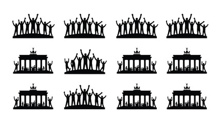 Group of people with raised hands celebrating unity in front of brandenburg gate. © ANTU