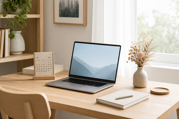 Fototapeta premium Home office desk with laptop and stationery