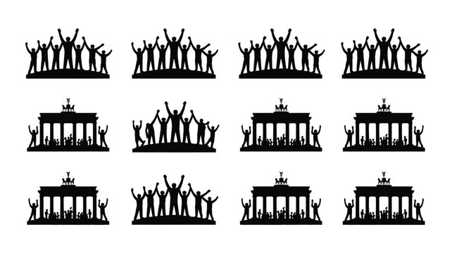 Group of people with raised hands celebrating unity in front of brandenburg gate.