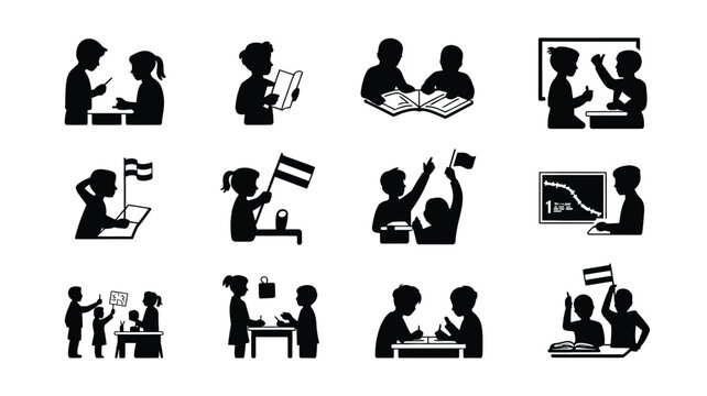 Children studying in school classroom silhouette vector icons for education and learning.