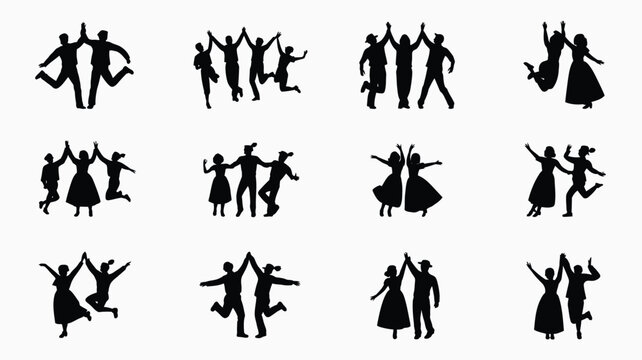 People silhouettes, group of happy men and women dancing, jumping, and celebrating together.