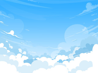 Fototapeta premium Sky background,White clouds.Summer nature clear blue sky cartoon anime cloudscape panorama with bright sunlight over sea beach, Vector illustration horizon view fresh seasonal spring landscape