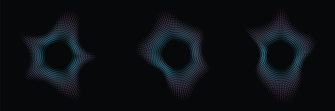 Three abstract circular sound wave patterns with blue and purple dots on black
