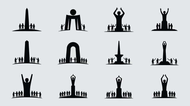 People standing around monument symbol isolated on white background vector illustration.